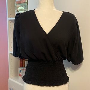 Express | Black Surplice Top Ruched Waist & Puff Sleeves Size Large